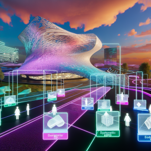 Visualización futurista de edificio usando D5 Render para el diseño en la industria AEC con cielo colorido al atardecer