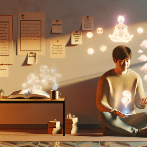 Hombre joven meditando utilizando su smartphone para construir fortaleza mental y bienestar personal