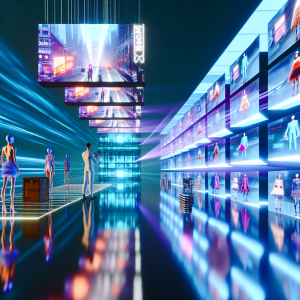 Maniquíes y pantallas mostrando moda en entorno digital futurista con IA optimizando campañas de marketing.