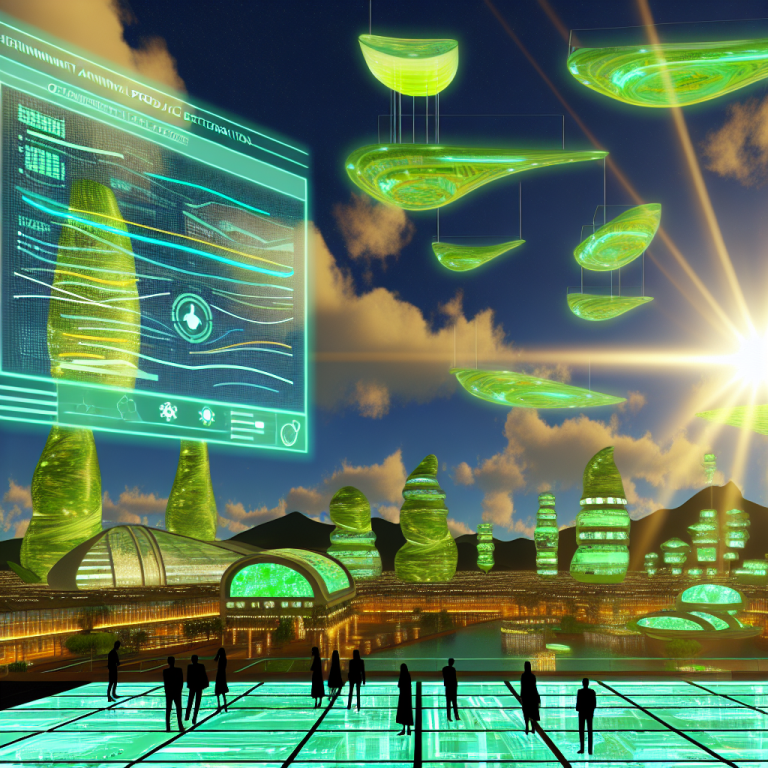 Concepto de innovación en arquitectura sostenible con edificios futuristas y personas