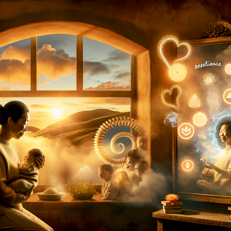 Madre sosteniendo a su bebé en una habitación iluminada al atardecer, simbolizando maternidad y autoconciencia emocional