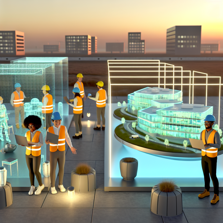 Trabajadores discutiendo planos en un entorno de construcción urbano para fomentar la salud mental en la industria