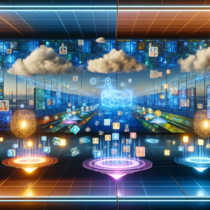 Futurista centro de datos con nubes y plataformas digitales iluminadas aplicando estrategias para aumentar las ventas