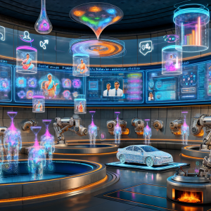 Sala futurista de transformación digital con segmentación de clientes visualizada en hologramas 3D