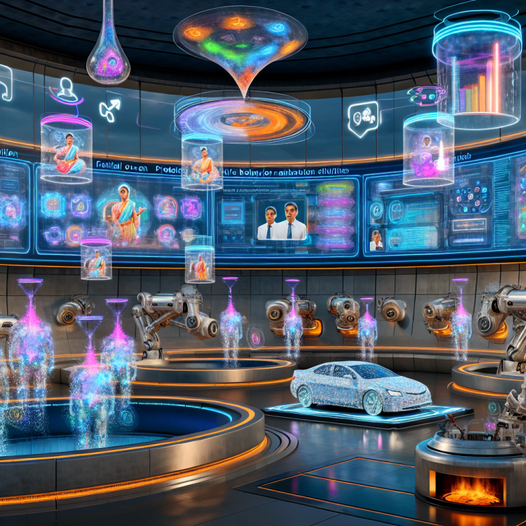 Sala futurista de transformación digital con segmentación de clientes visualizada en hologramas 3D