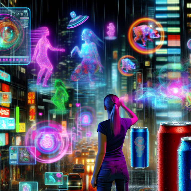 Mujer observando una ciudad futurista con hologramas de marketing y estrategia de IA