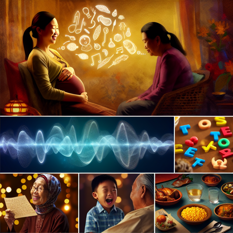 Transmisión intergeneracional y su impacto en la sociedad moderna: mujer embarazada y niño, ondas sonoras, familia cenando