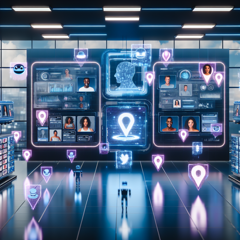 Paneles de selección de herramientas IA en marketing digital en un entorno futurista