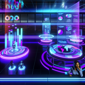 Simulación virtual de herramientas innovadoras en marketing digital con profesionales interactuando