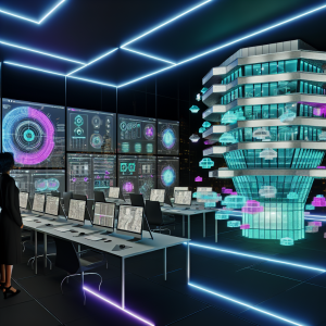 Oficina futurista mostrando renderizado arquitectónico en tiempo real con múltiples pantallas y hologramas