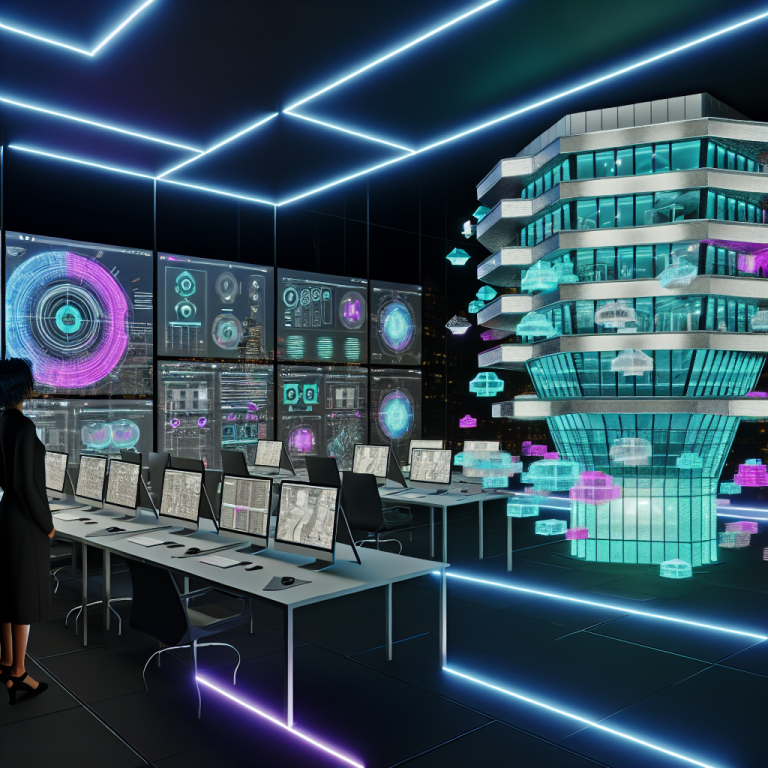 Oficina futurista mostrando renderizado arquitectónico en tiempo real con múltiples pantallas y hologramas