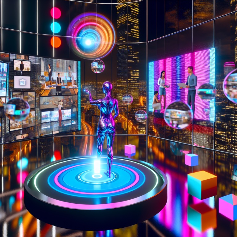 Futurista estudio de creación de contenido digital por Hedra videos con figuras humanas y luces neón