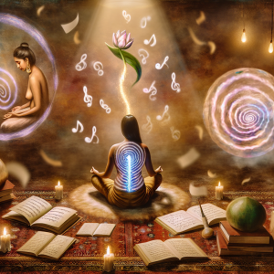 Mujer meditando para crecimiento personal con herramientas conscientes entre libros y velas