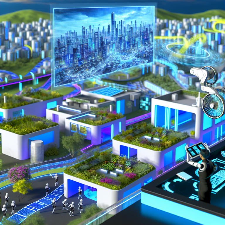 Vista futurista de ciudad integrada con tecnología CAD y Revit en diseño de espacios verdes.