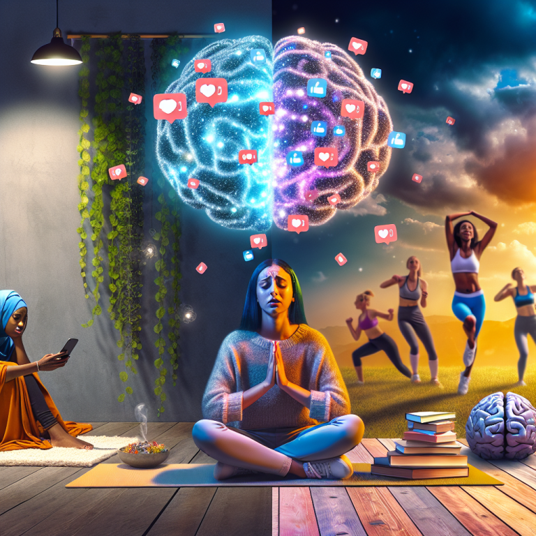 Mujer meditando, influencers deportivos y cerebro digital con likes de redes sociales para salud mental