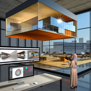 Arquitecta usando Revit para integrar materiales CAD en Enscape en una oficina moderna