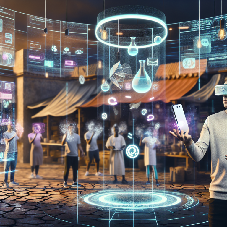 Experiencia de compra digital en ciudad futurista con interacción de realidad aumentada, comercio social transforma