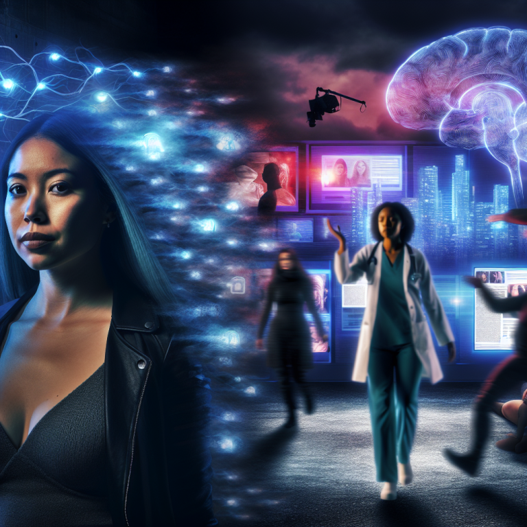 Mujer asiática con conexiones cerebrales eléctricas reflejando el impacto del miedo cerebral en la sociedad.