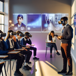 Estudiantes utilizando realidad virtual para la prevención del acoso escolar en clase moderna