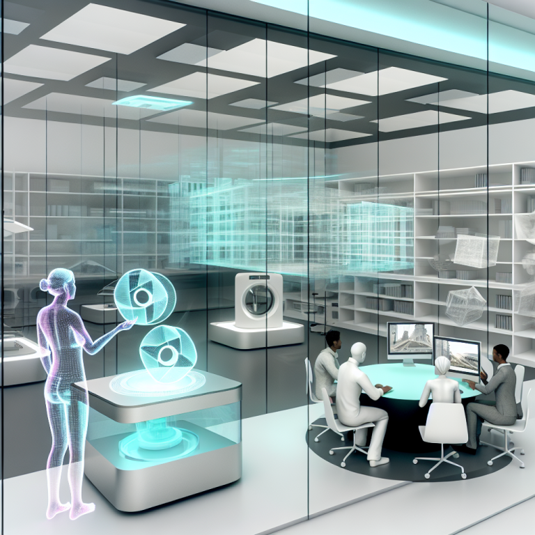 Profesionales en una oficina futurista usando GPUs Arc Pro en arquitectura y diseño.