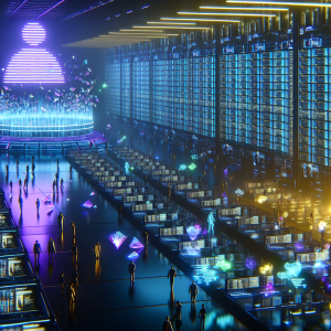 Data Science en estrategias empresariales con futuristas servidores y datos visuales.