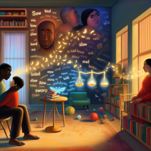 Familia en hogar disfrutando del poder de las palabras que vuelan iluminadas, ambiente acogedor