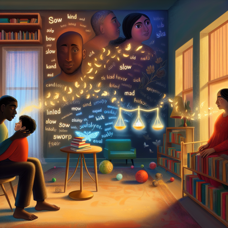 Familia en hogar disfrutando del poder de las palabras que vuelan iluminadas, ambiente acogedor