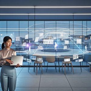 Mujer usando un HP ZBook Ultra G1a con software Chaos Envision en oficina futurista