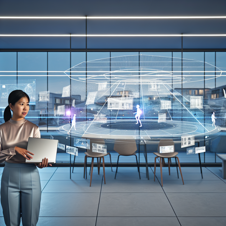 Mujer usando un HP ZBook Ultra G1a con software Chaos Envision en oficina futurista