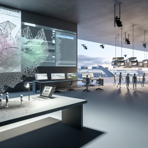 Oficina moderna para optimizar el flujo de diseño arquitectónico con equipos avanzados y personal trabajando