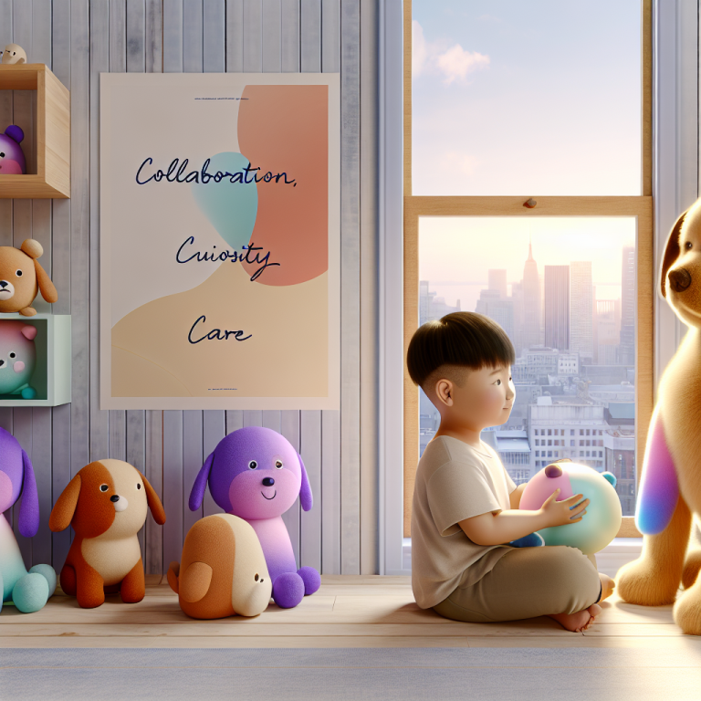 Niño creando una conexión emocional con Labubu y perros de peluche en un entorno acogedor