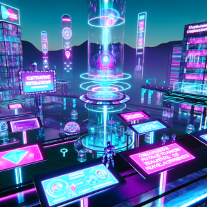 Vibrante ciudad cibernética mostrando infraestructura IA avanzada en estrategias de marketing.