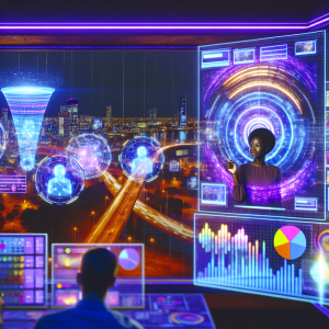 Mujer explicando nuevas funcionalidades de Google Ads en entorno digital futurista