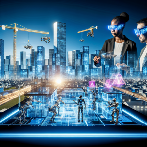 Vista futurista de la innovación en el diseño arquitectónico con hologramas y robótica avanzada.