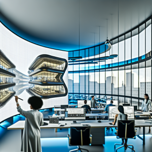 Arquitecta utilizando Enscape Premium para optimizar diseño arquitectónico en oficina moderna