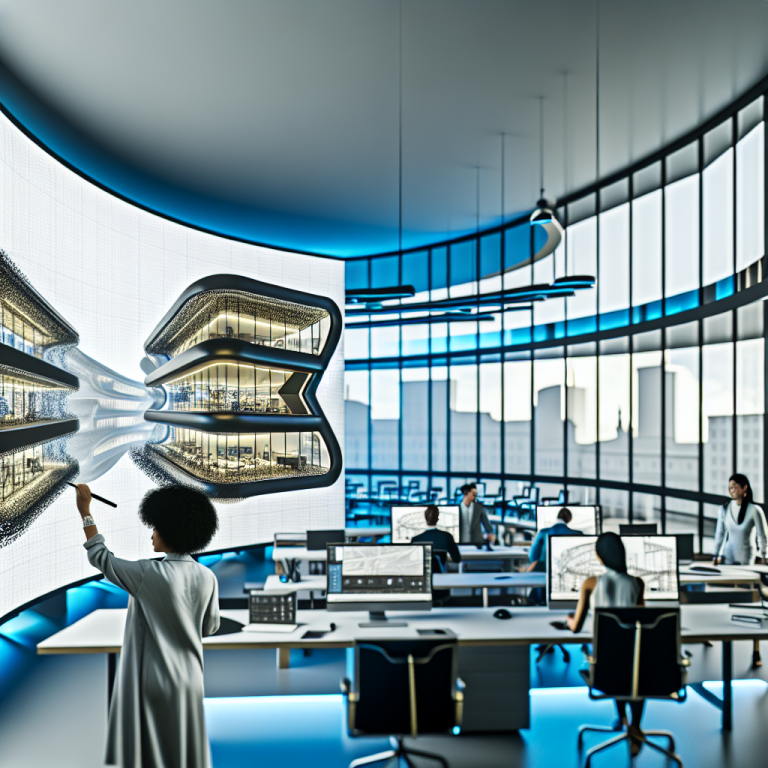 Arquitecta utilizando Enscape Premium para optimizar diseño arquitectónico en oficina moderna