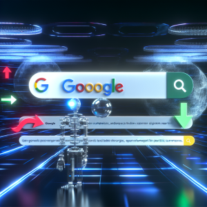 Barra de búsqueda de Google en entorno futurista con robot, ideal para resúmenes IA en resultados de búsqueda