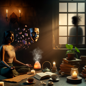 Mujer meditando con máscara descomponiéndose, explorando el impacto de la salud emocional