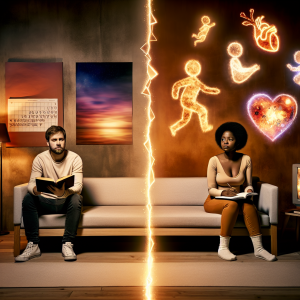 Pareja divida por una línea de rayo con símbolos, explorando la disonancia de identidad en relaciones