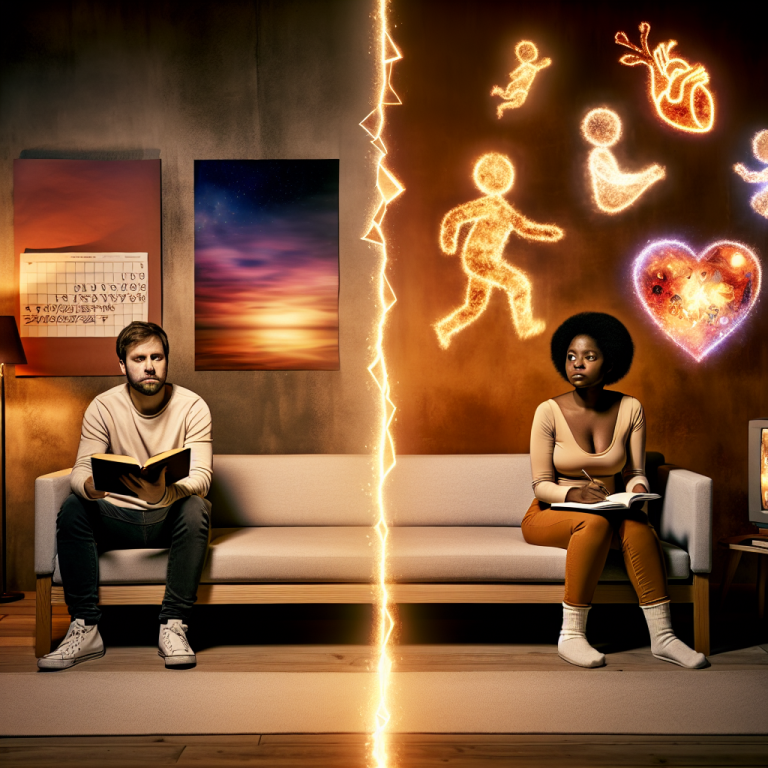 Pareja divida por una línea de rayo con símbolos, explorando la disonancia de identidad en relaciones