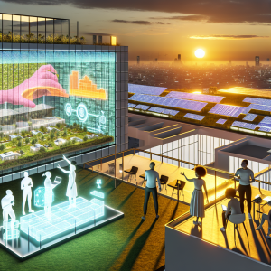 Terraza urbana con diseño sostenible usando herramientas digitales avanzadas y energía solar