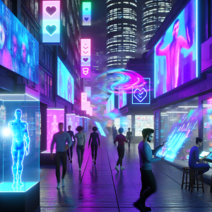 Futurista calle de ciudad iluminada mostrando automatización de empleos por IA y humanos interactuando
