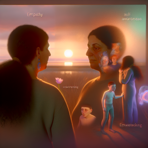 Dos personas conversan sobre emocionalidad al atardecer enfocándose en la autocomprensión emocional en relaciones.