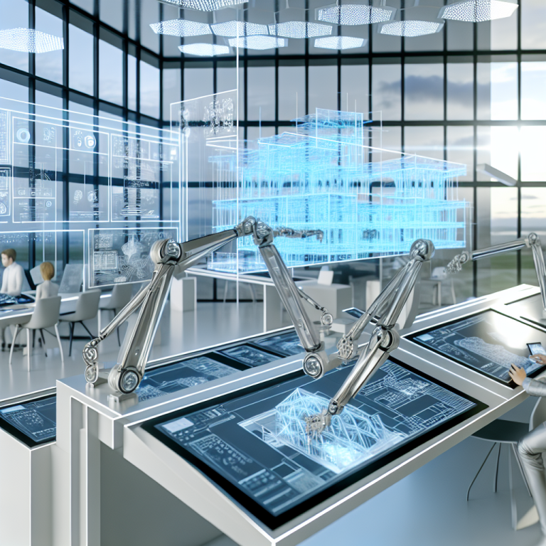 Brazos robóticos en un laboratorio moderno transformando modelos 3D a dibujos 2D de edificaciones