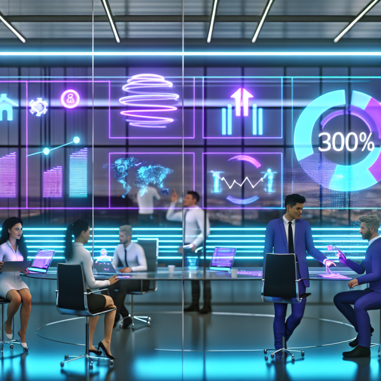 Profesionales trabajando en una oficina futurista con gráficos digitales, ilustrando cómo Iterate.ai impulsa la innovación digital