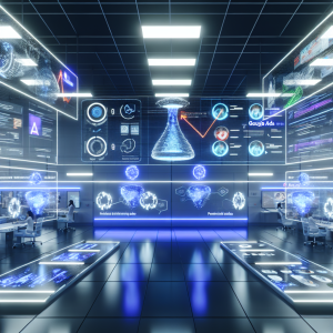 Sala futurista de empleo de herramientas innovadoras del marketing digital con hologramas y pantallas.