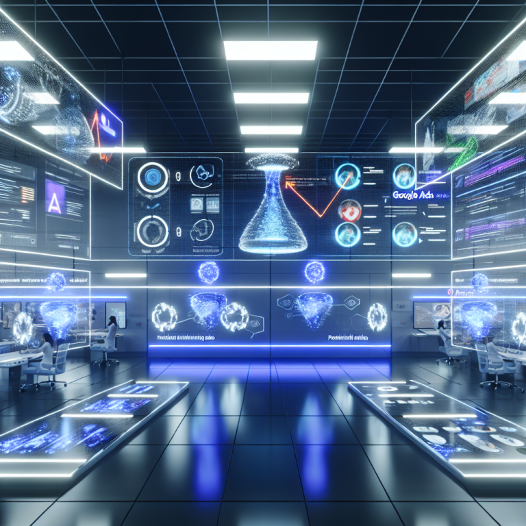 Sala futurista de empleo de herramientas innovadoras del marketing digital con hologramas y pantallas.