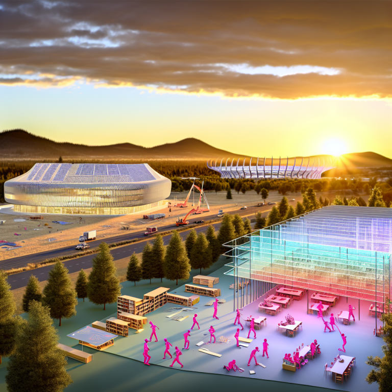 Ilustración de la planificación de proyectos de construcción efectiva con múltiples estructuras y actividad peatonal al atardecer.