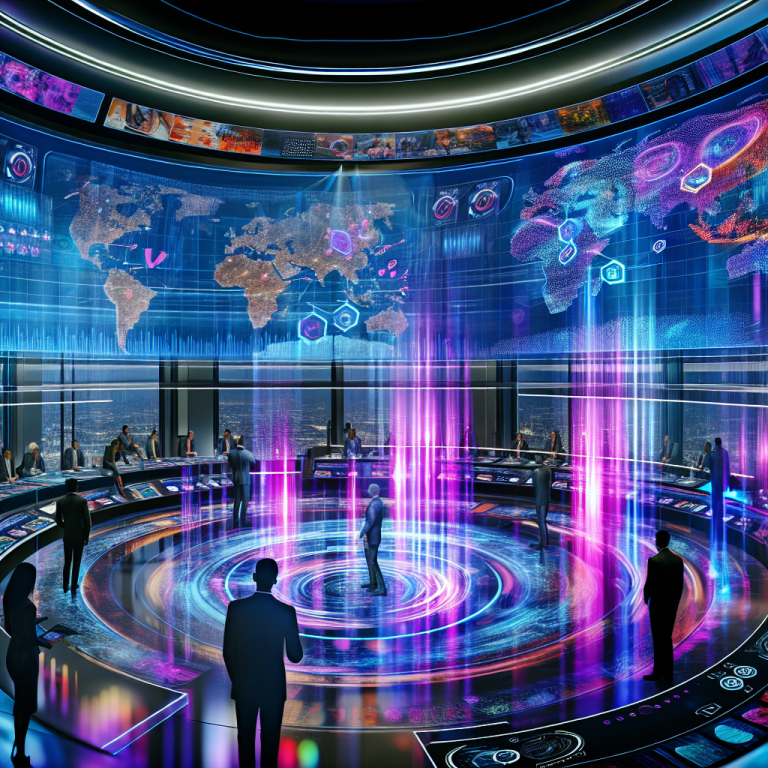 Ejecutivos analizando estrategias basadas en datos en un centro de comando digital futurista