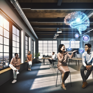 Empleado explicando cómo mejorar la comunicación laboral optimiza las relaciones con gráficos holográficos